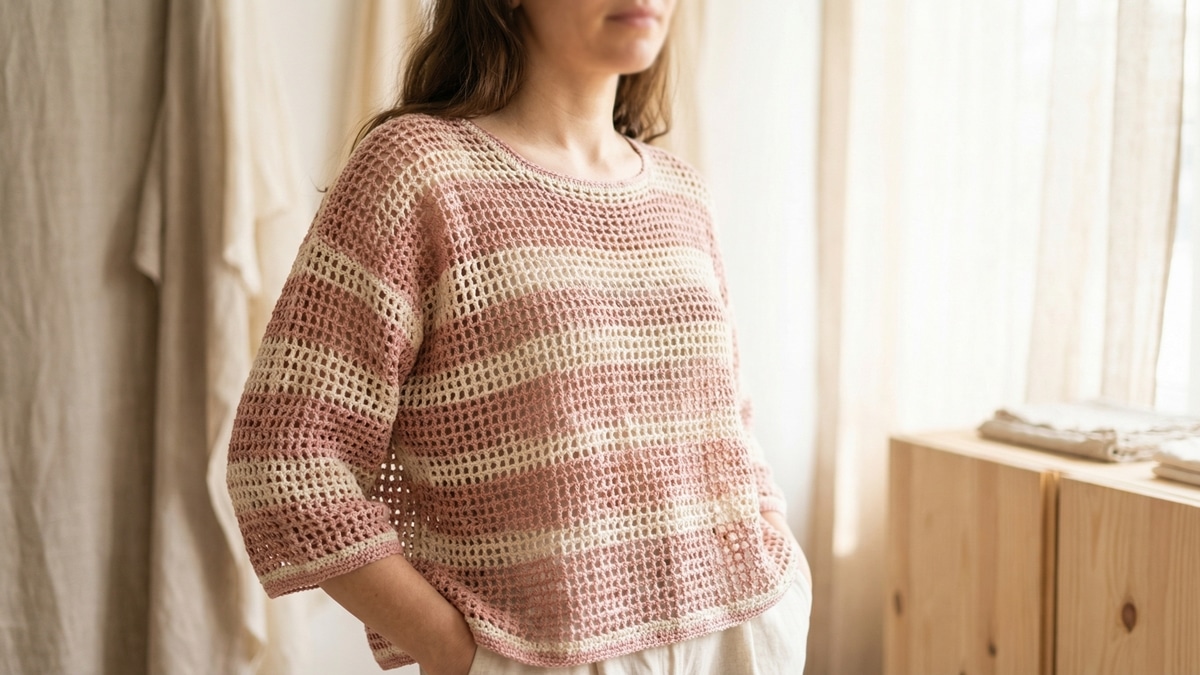 Mulher sorridente usando blusa de croche artesanal rosa e bege com trama vazada em ambiente de verao