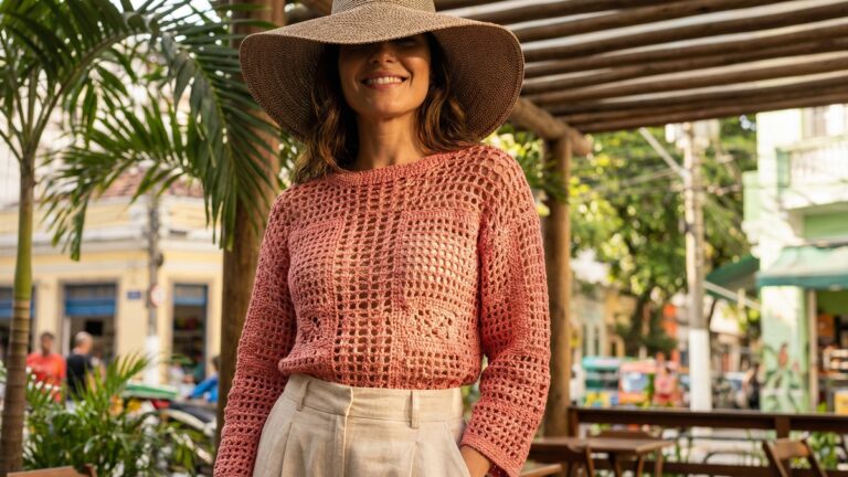 Mulher sorridente usando blusa de croche artesanal em vermelho claro, em ambiente natural brasileiro com clima de verao