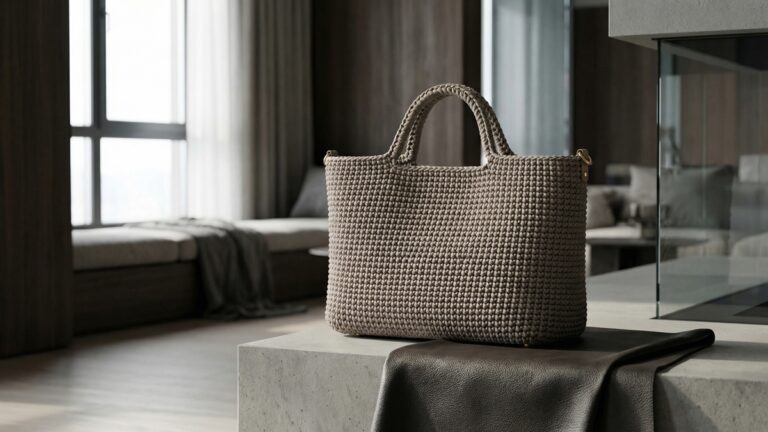 Bolsa de croche artesanal de luxo em tom elegante, design estruturado e sofisticado