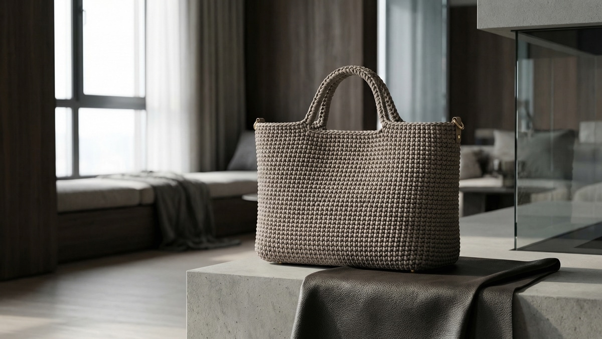 Bolsa de croche artesanal de luxo em tom elegante, design estruturado e sofisticado