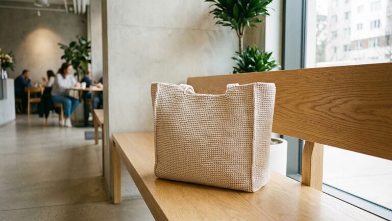 Bolsa de croche artesanal bege sobre banco de madeira clara em ambiente urbano minimalista