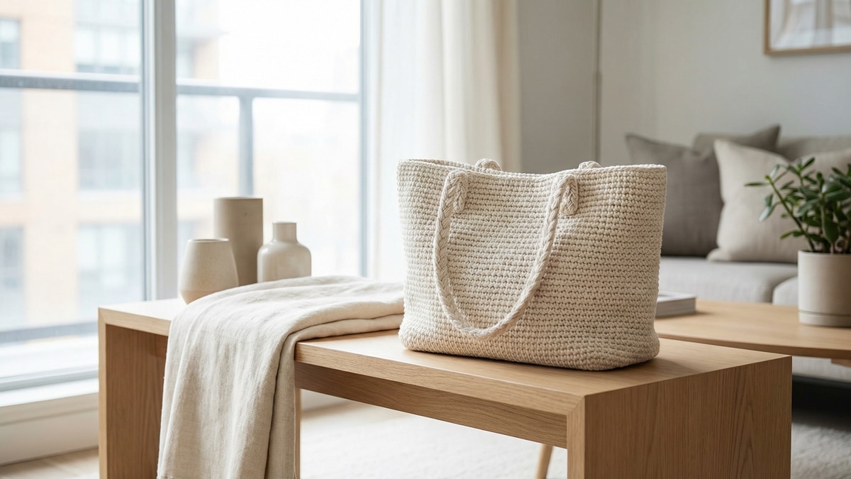 Bolsa de croche artesanal em bege natural, estilo casual chique para uso diario
