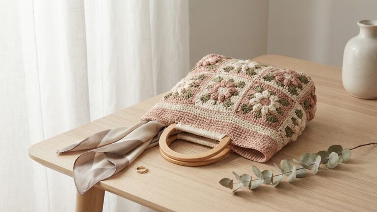 Bolsa artesanal de crochê com flores em relevo em tons elegantes, apoiada sobre superfície de madeira clara em ambiente sofisticado