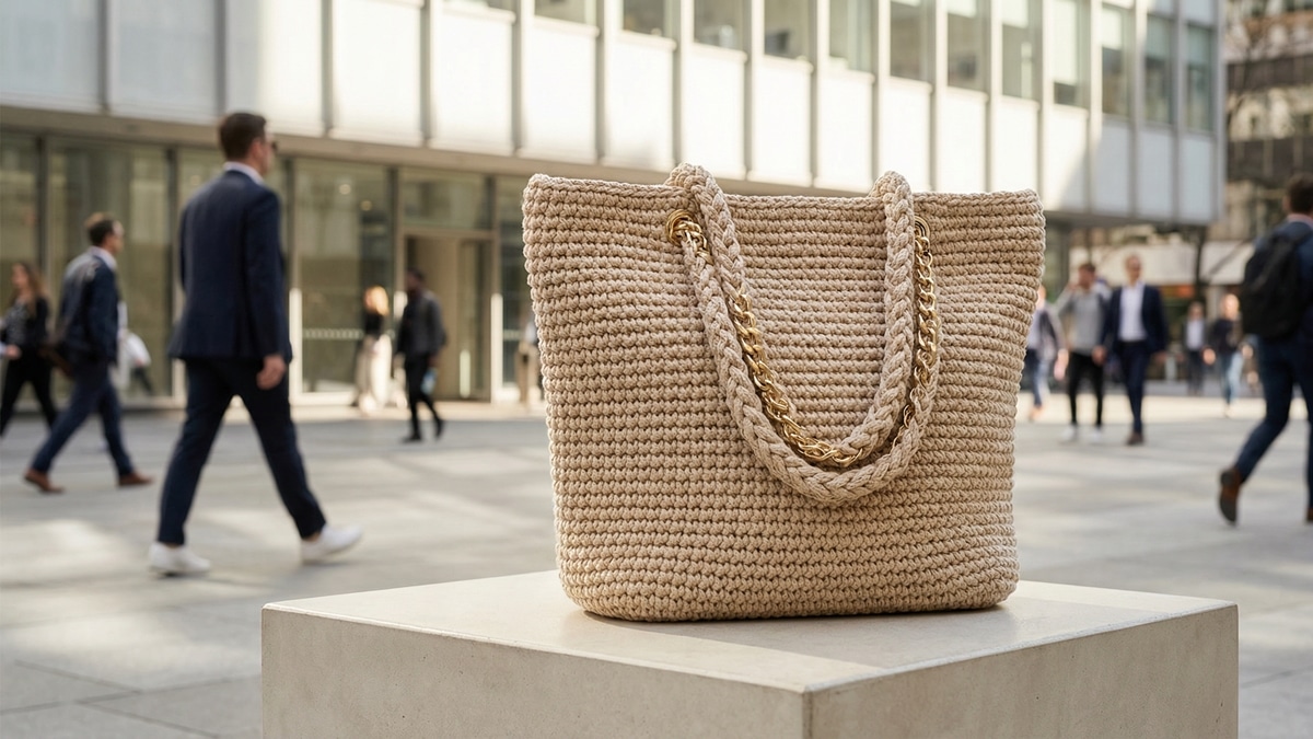 Bolsa de Crochê Maxi Shopper com Detalhe em Corrente Dourada
