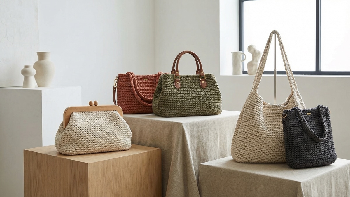 Conjunto de bolsas de croche artesanais em tons variados com estrutura reforcada sobre linho e madeira clara