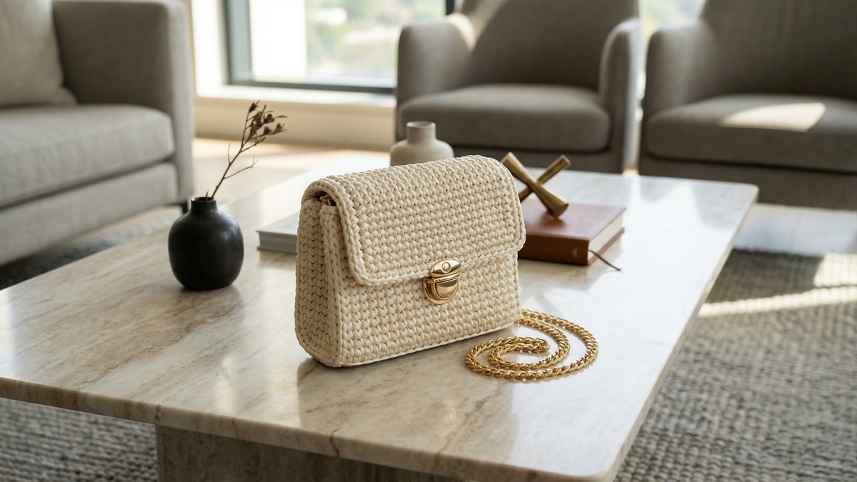 Bolsinha crochê sofisticada ambiente urbano elegante