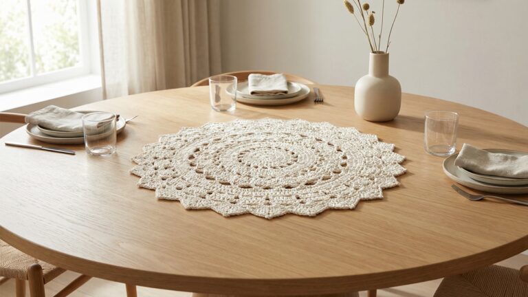 Sala de jantar elegante com centro de mesa em crochê artesanal cru/off-white perfeitamente plano e simétrico, posicionado no centro de mesa de madeira clara