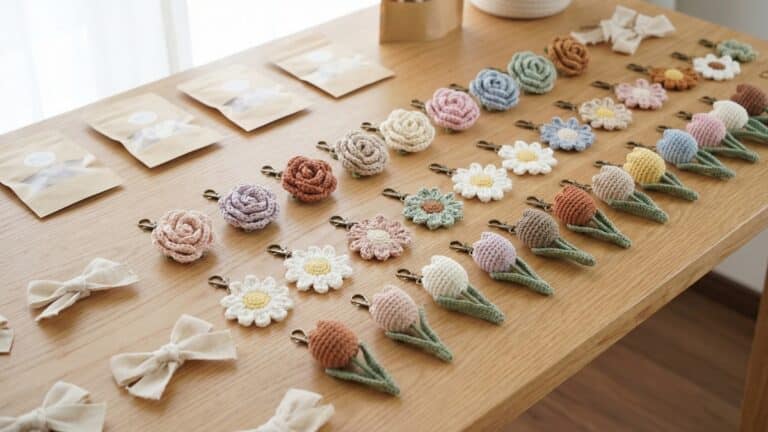 Mesa de trabalho com chaveiros de croche em formato de flores coloridas sobre madeira clara com embalagem kraft