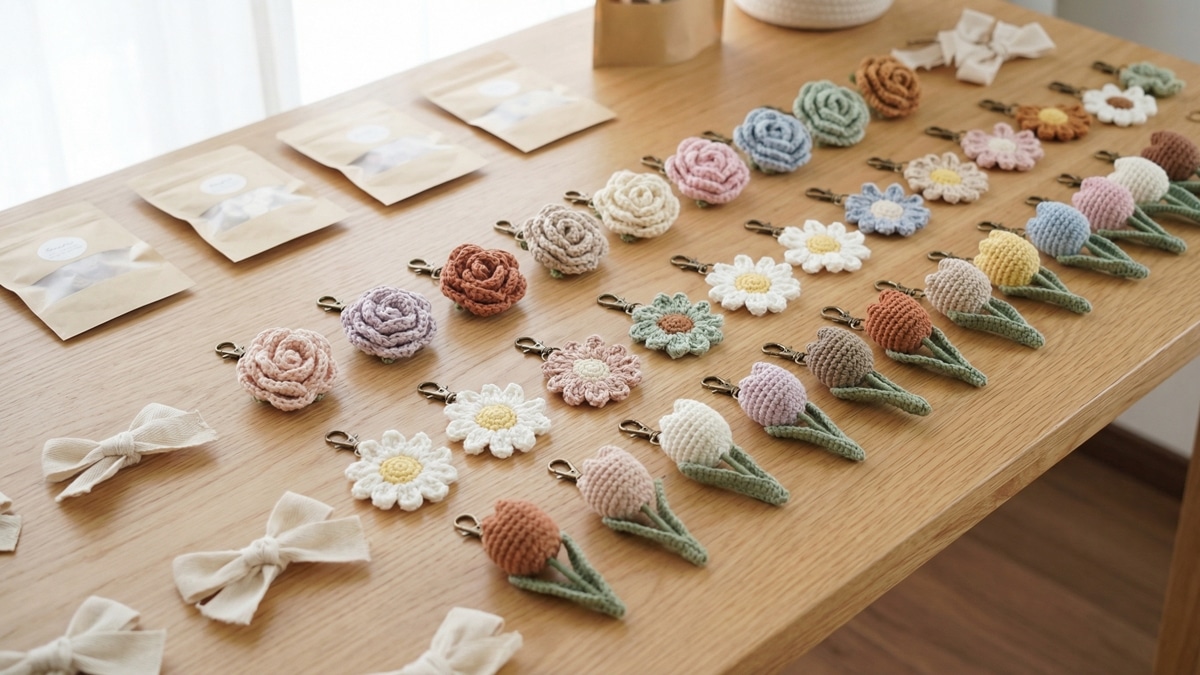 Mesa de trabalho com chaveiros de croche em formato de flores coloridas sobre madeira clara com embalagem kraft