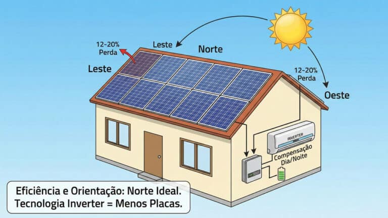 Diagrama ilustrativo de uma casa com painéis solares no telhado, demonstrando a eficiência da orientação solar. A maioria dos painéis está na face voltada para o "Norte", enquanto as faces "Leste" e "Oeste" são indicadas com o texto "12-20% Perda". Um sol se move de Leste a Oeste acima da casa. O sistema solar está conectado a um inversor, a um ar-condicionado "INVERTER" e a um ícone de bateria com o texto "Compensação Dia/Noite". Na parte inferior, uma caixa de texto diz: "Eficiência e Orientação: Norte Ideal. Tecnologia Inverter = Menos Placas."