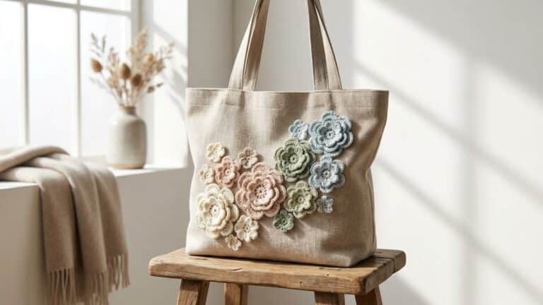 Flores de crochê delicadas com efeito degradê orgânico aplicadas em bolsa de tecido natural, destacando profundidade e refinamento têxtil, iluminadas por luz natural difusa.