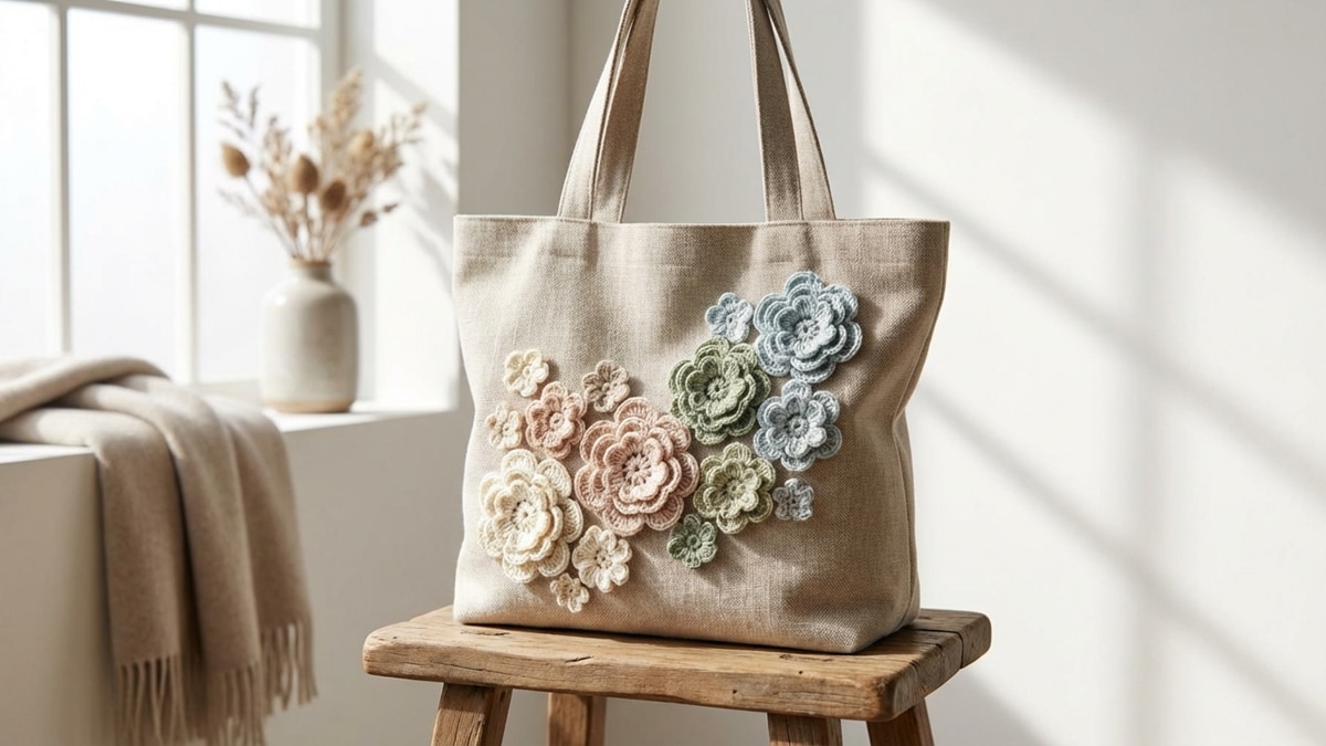 Flores de crochê delicadas com efeito degradê orgânico aplicadas em bolsa de tecido natural, destacando profundidade e refinamento têxtil, iluminadas por luz natural difusa.