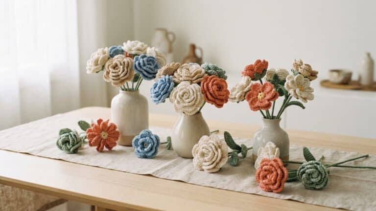 Arran flores de croche artesanais em tons variados sobre mesa clara de madeira
