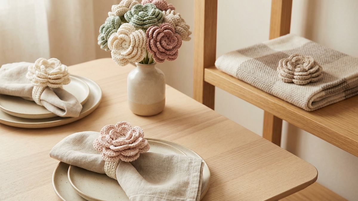 Mesa decorada com flores de crochê em porta-guardanapos e buquê tons naturais