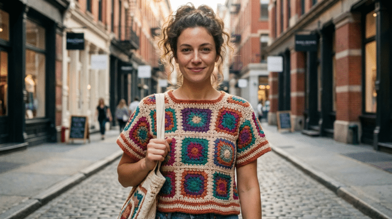 O poder dos quadradinhos: como as blusas de crochê modulares transformam o seu guarda-roupa