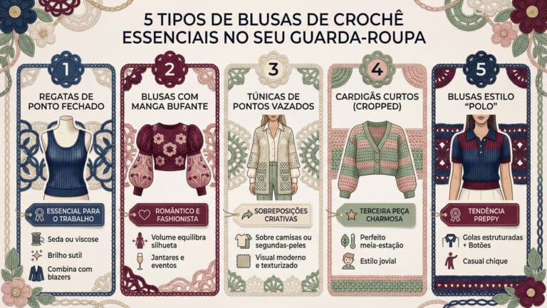 Infografico horizontal detalhado mostrando 5 tipos essenciais de blusas de croche com styling e ocasioes de uso para cada modelo