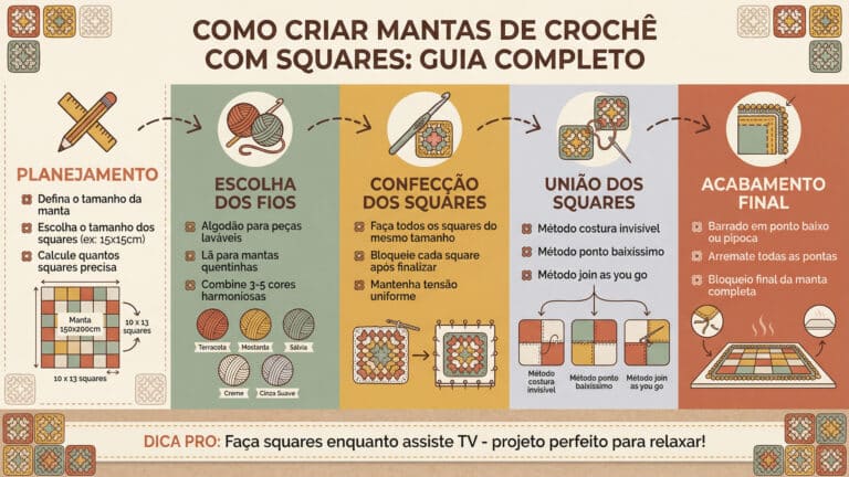 Infografico horizontal detalhado mostrando passo a passo completo para criar mantas de croche com squares incluindo planejamento escolha de fios confeccao uniao e acabamento