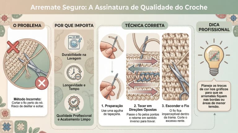 Infografico educativo sobre tecnica correta de arremate em croche com ilustracoes passo a passo e dicas profissionais