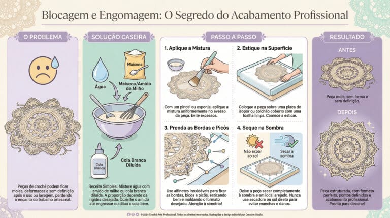 Infografico educativo sobre tecnica de blocagem e engomagem de centros de mesa em crocheasso a passo ilustrado