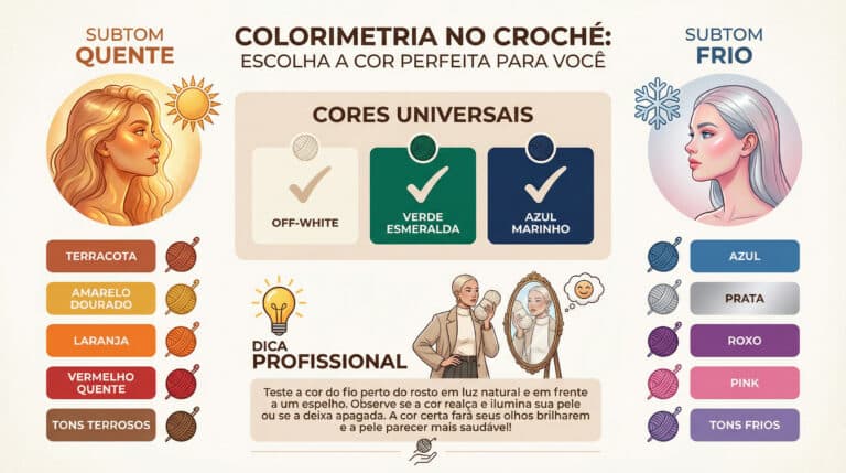 Infografico educativo sobre colorimetria no croche mostrando cores ideais para subtons quentes e frios de pele