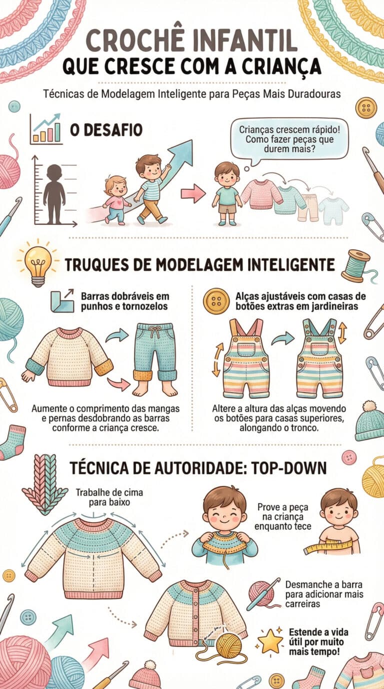 Infografico detalhado sobre tecnicas de modelagem inteligente para croche infantil com truques para pecas que crescem com a crianca