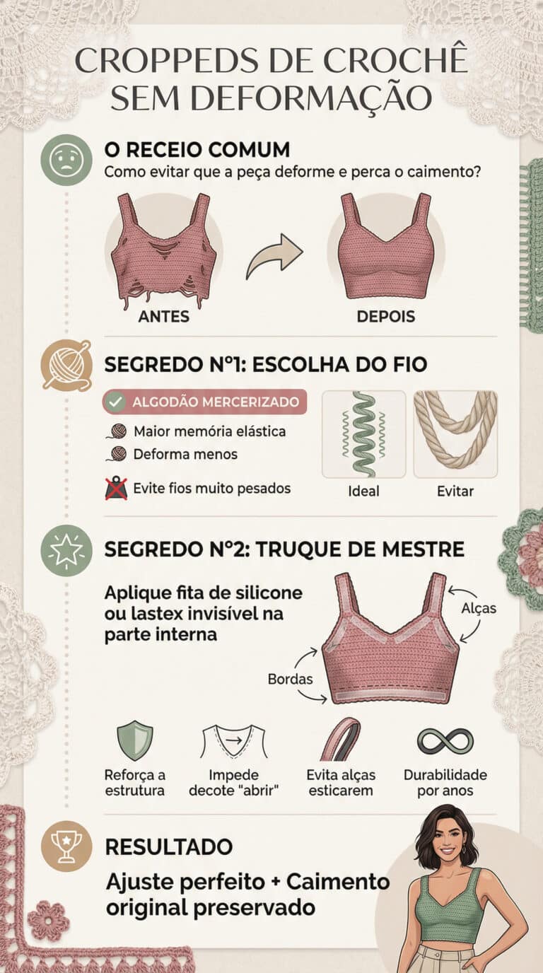 Infografico detalhado sobre como evitar deformacao em croppeds de croche com tecnicas de execucao e acabamento profissional