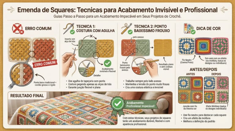 Infografico educativo sobre tecnicasissionais de emenda de granny squares em croche com acabamento invisivel