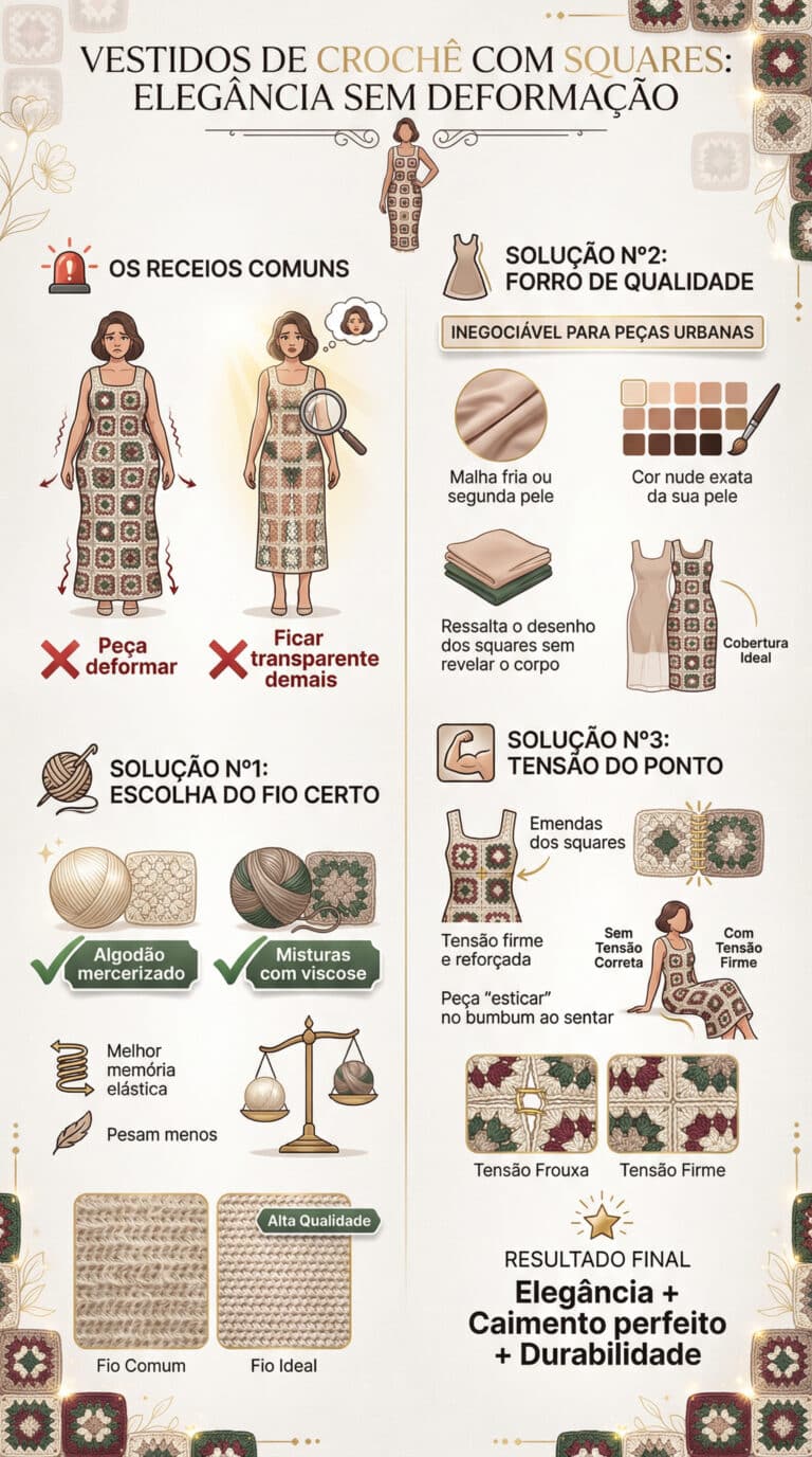 Infografico detalhado sobre como evitar deformacao e transparencia em vestidos de croche com squares usando tecnicas profissionais