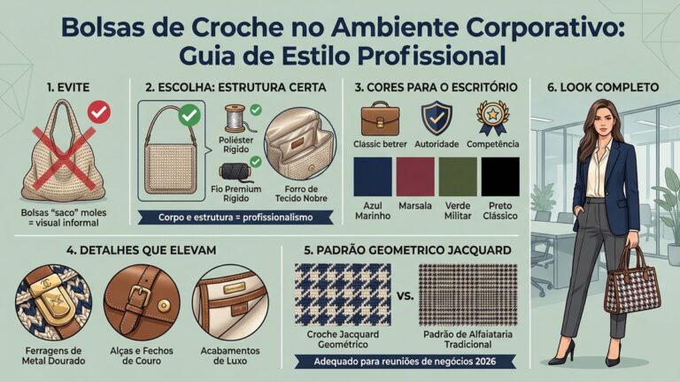 Infografico educativo sobre como usar bolsas de croche ambiente corporativo com dicas de estrutura cores e detalhes profissionais