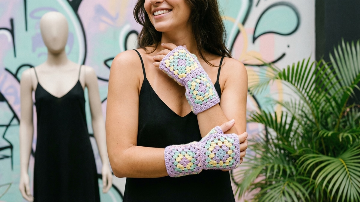 Crie looks autênticos com luvas de crochê com squares coloridos