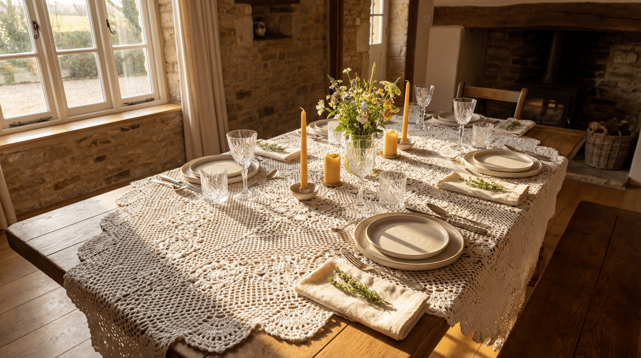 Mesa Jantar Toalha Crochê Branca