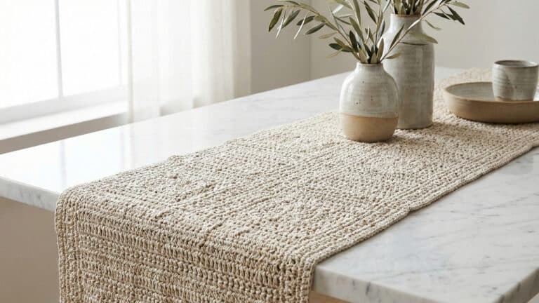 Vista em close de um caminho de mesa em crochê de trama fechada na cor bege, estendido sobre uma superfície luxuosa que combina mármore Carrara branco. A composição é complementada por louças de cerâmica minimalistas e flores secas, criando uma atmosfera de decoração moderna e aconchegante."