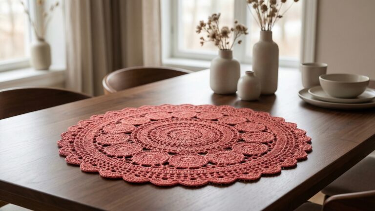 Mesa de jantar com centro de mesa redondo de croche artesanal em vermelho suave, decoracao elegante