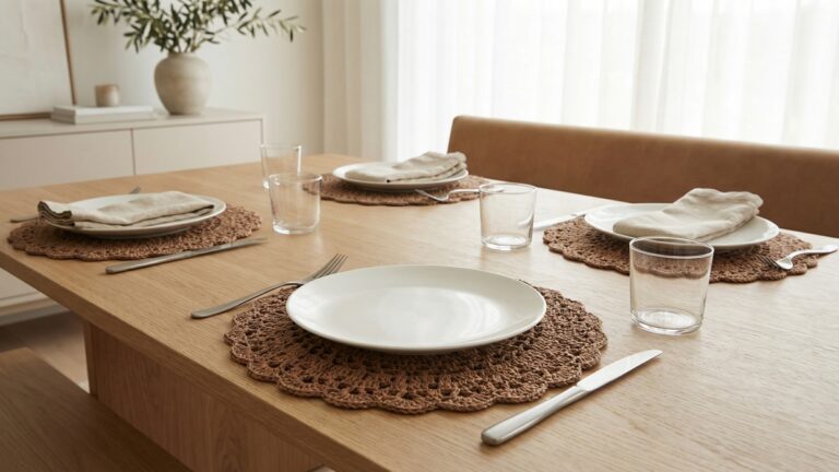 Mesa de jantar com sousplats de croche artesanal em marrom sob pratos brancos, ambiente elegante com luz natural