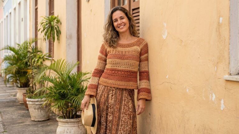 Mulher sorrindo com blusa de crochê em tons terrosos e estilo boho chic