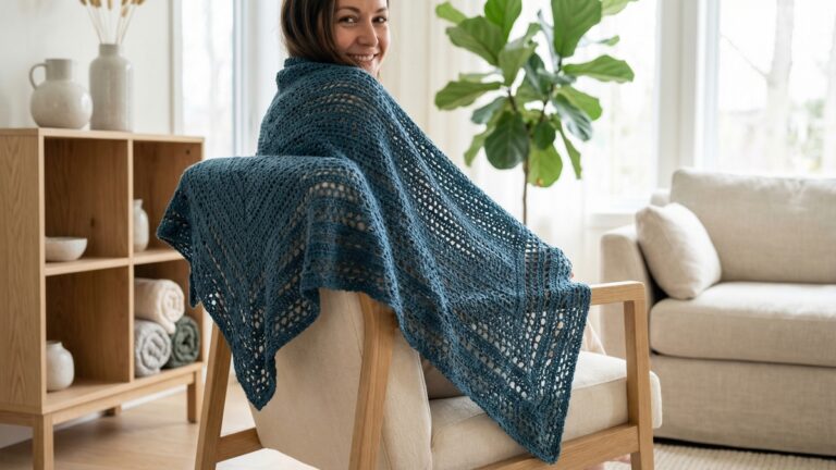 Mulher usando xale de croche delicado em azul petroleo com design criativo, ambiente elegante