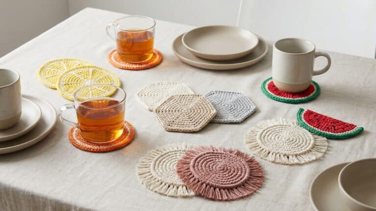Mesa posta com porta-copos de crochê em formatos de frutas, hexágonos e estilo boho ao redor de copos