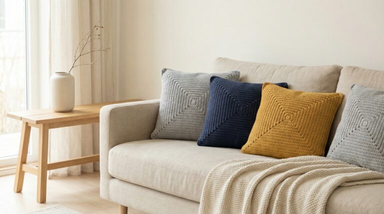 Sala de estar contemporânea em estilo minimalismo nórdico com almofadas de crochê artesanal dispostas sobre sofá neutro em tom claro, almofadas confeccionadas em fio de algodão com cores sólidas e frias — cinza suave, azul petróleo e mostarda