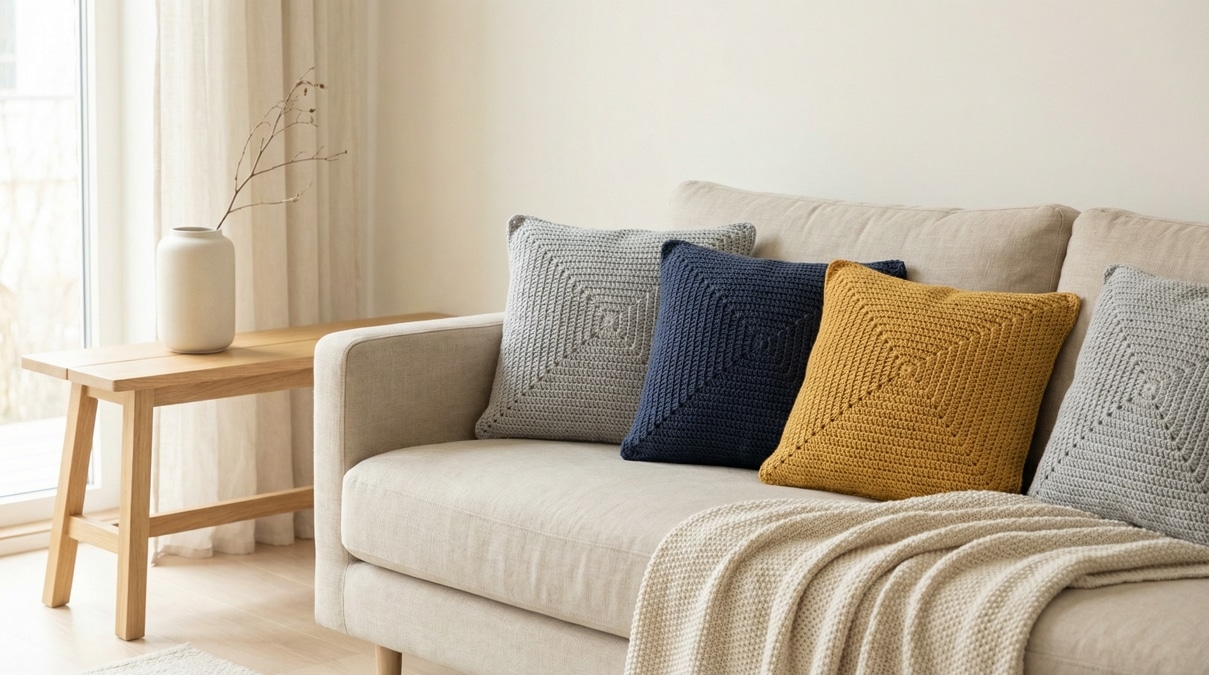 Sala de estar contemporânea em estilo minimalismo nórdico com almofadas de crochê artesanal dispostas sobre sofá neutro em tom claro, almofadas confeccionadas em fio de algodão com cores sólidas e frias — cinza suave, azul petróleo e mostarda