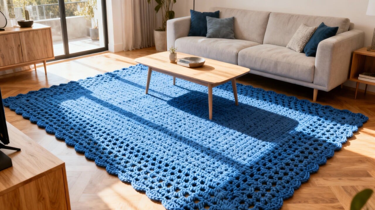 A elegância e o conforto do tapete de crochê azul artesanal para a sua casa