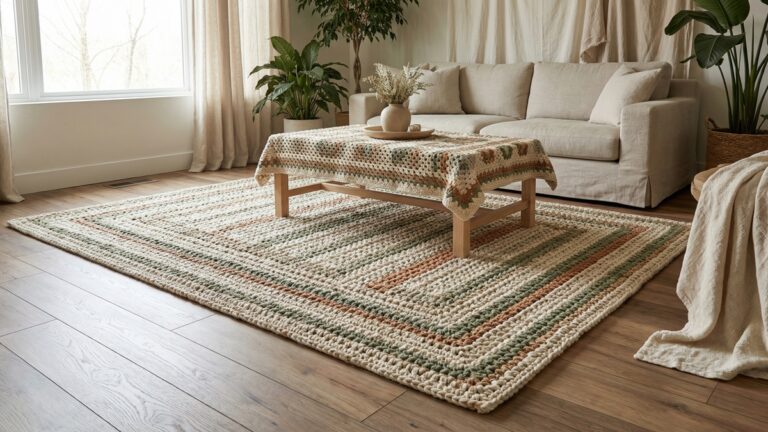 Sala de estar com tapete de croche artesanal sob mesa de centro, decoracao natural e acolhedora