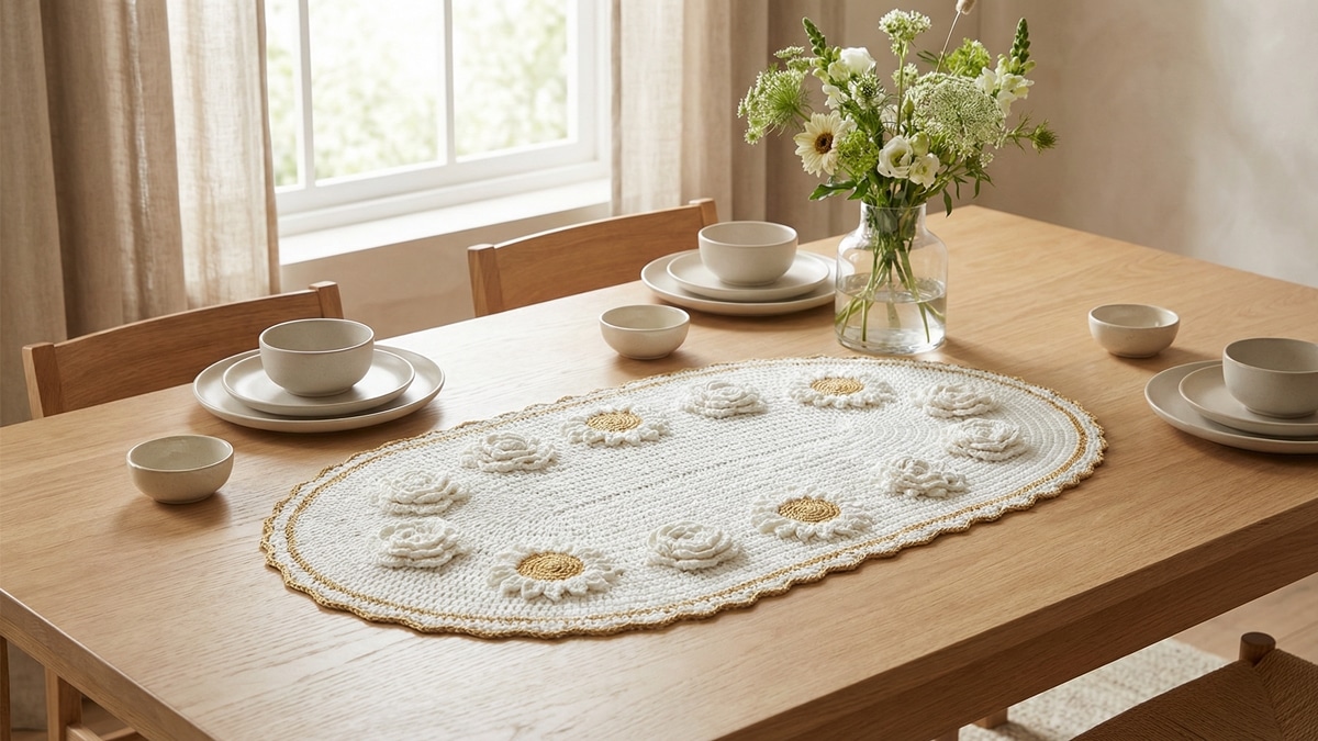 Sala de jantar acolhedora com centro de mesa em crochê artesanal finalizado, modelo motivos florais 3D, em tom branco com barrado dourado, estilo clássico artesanal.