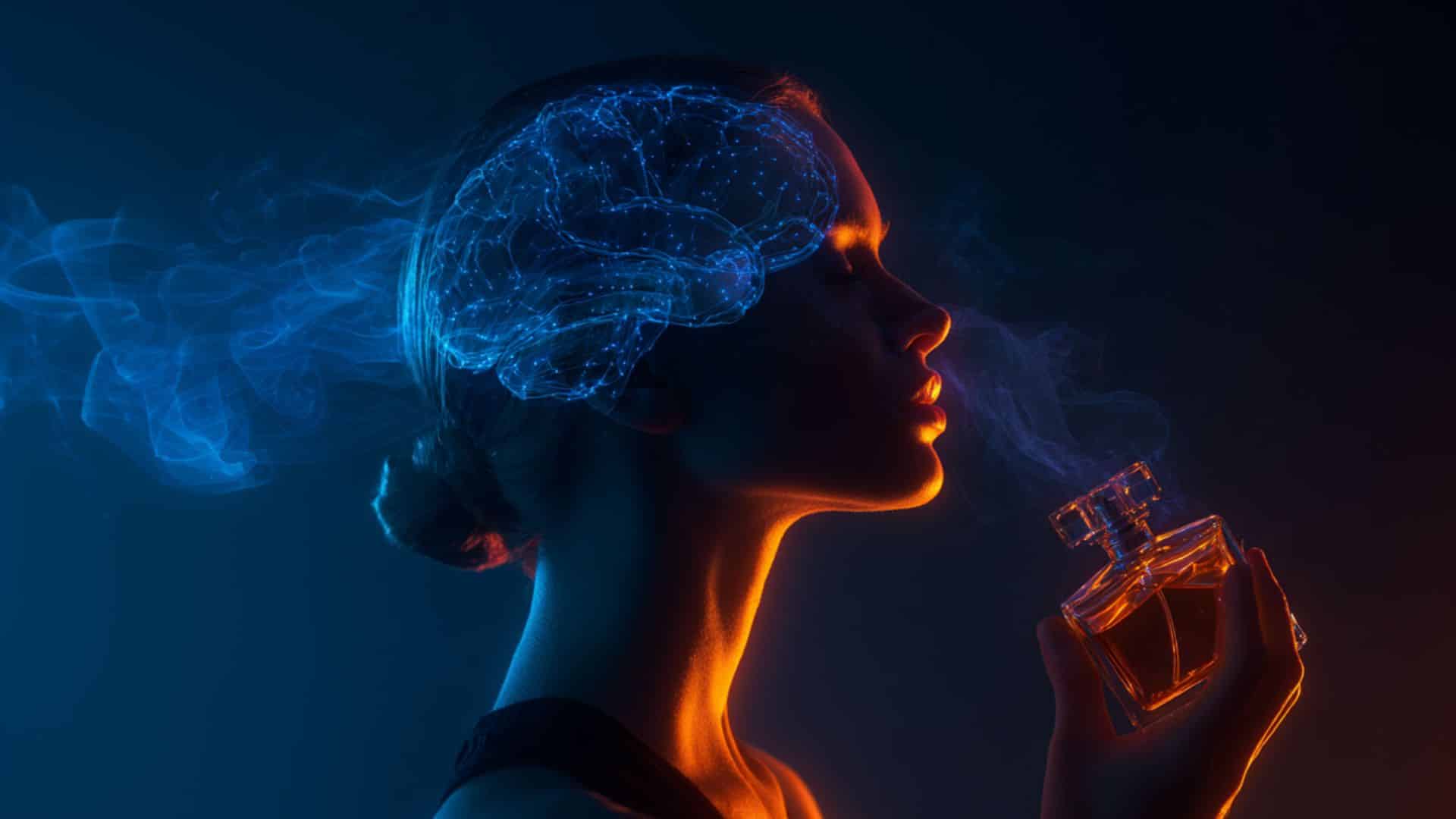 Mulher sentindo o aroma de um perfume, em representação visual da ativação de áreas cerebrais ligadas ao olfato