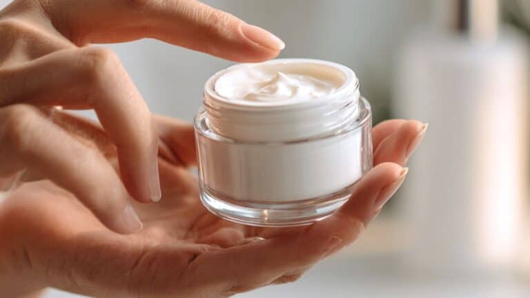 Pote de creme antissinais na palma da mão de uma mulher