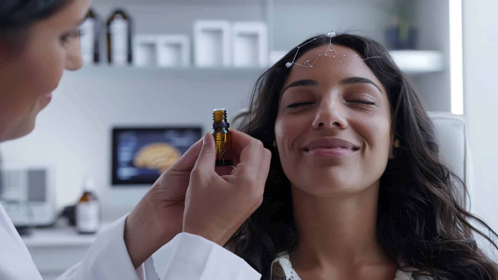 Esta é uma imagem demonstrativa que mostra uma paciente relaxada e sorrindo, com eletrodos na testa, enquanto uma doutora aproxima um frasco de óleo essencial para ela cheirar