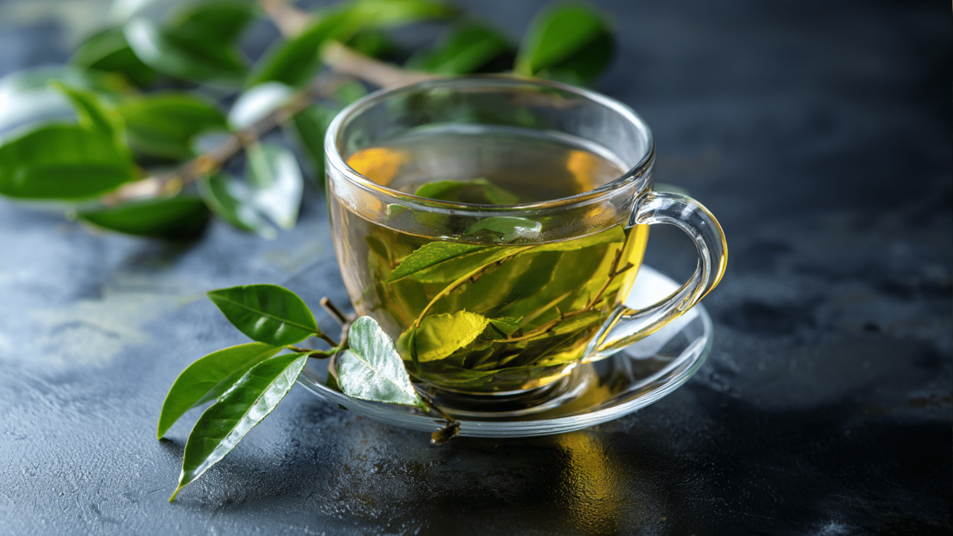 Xicara de chá verde com folhas ao lado