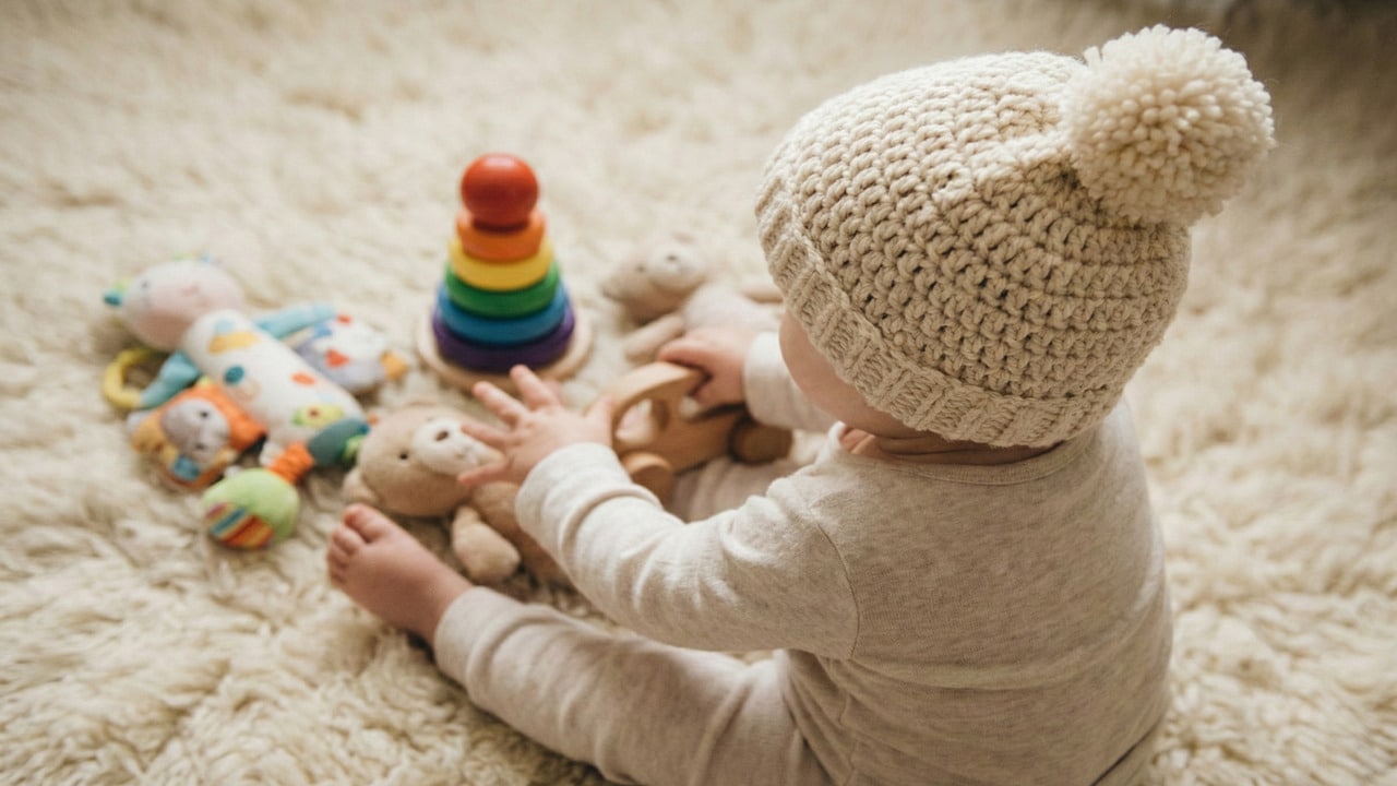 Bebê visto de costas e perfil, usando um gorro de tricô bege com um grande pompom e roupa também bege, sentado sobre um tapete felpudo branco. A criança está estendendo a mão para brincar com uma torre de anéis de empilhar de madeira colorida, um carrinho de madeira, e dois ursos de pelúcia espalhados pelo tapete. A luz é suave e natural.