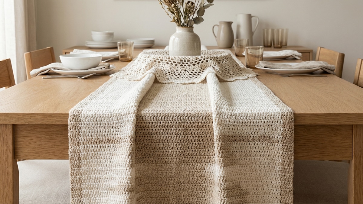 Mesa de jantar com trilho e centro de mesa em croche off-white sobre madeira clara com louca branca e decoracao elegante