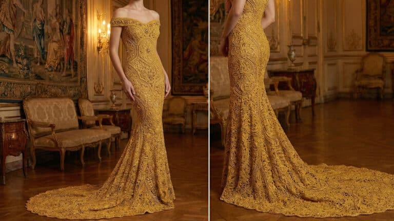 vestido de gala dourado luxuoso em um ambiente palaciano. A imagem da esquerda mostra uma visão frontal de uma modelo (sem a cabeça visível) usando um vestido estilo sereia, ombro a ombro, com uma textura rica e densa de crochê, e uma longa cauda estendida no chão de madeira. A imagem da direita mostra a visão traseira lateral do mesmo vestido, destacando as costas, o quadril e a cauda longa arrastando para trás. O fundo em ambas inclui móveis antigos dourados, tapeçarias e lustres.