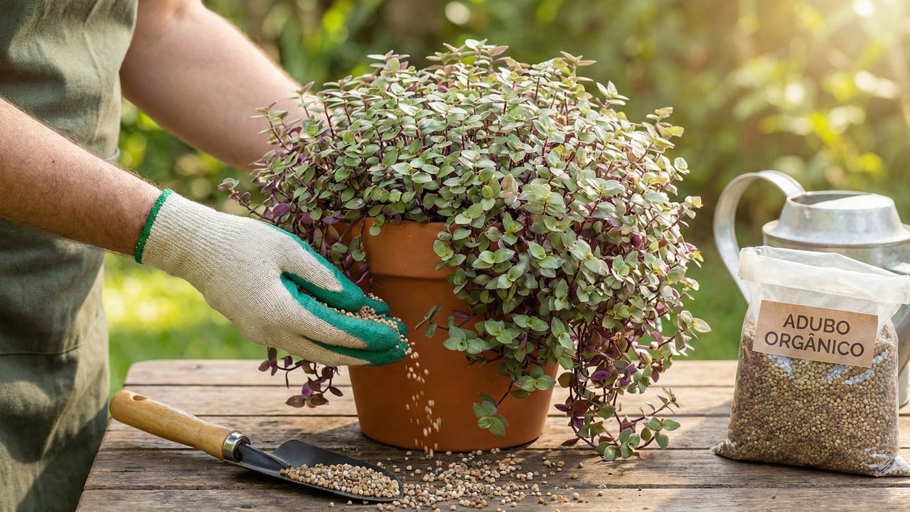 mãos de uma pessoa usando luvas de jardinagem brancas e verdes, despejando adubo granulado de uma pequena pá no solo de um vaso de terracota que contém uma planta dinheiro-em-penca exuberante. Sobre a mesa de madeira rústica, ao lado do vaso, há um saco plástico transparente com a etiqueta "ADUBO ORGÂNICO" cheio de fertilizante e um regador de metal ao fundo.